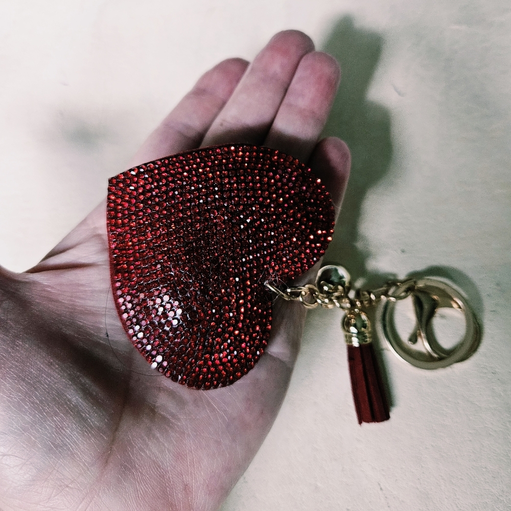 Red Rhinestone Bling Heart Keychain Purse Charm with Tassel & Gold Ball -16"
